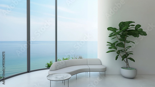A minimalist, modern living space with a large window that offers a panoramic view of the sea. The room is predominantly white, with a sleek, curved sofa positioned near the window.