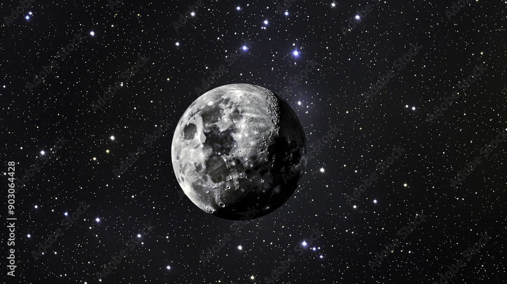 Obraz premium A mesmerizing view of the moon set against a vast expanse of space filled with stars. The moon appears to be in its full phase, displaying its detailed craters and surface patterns