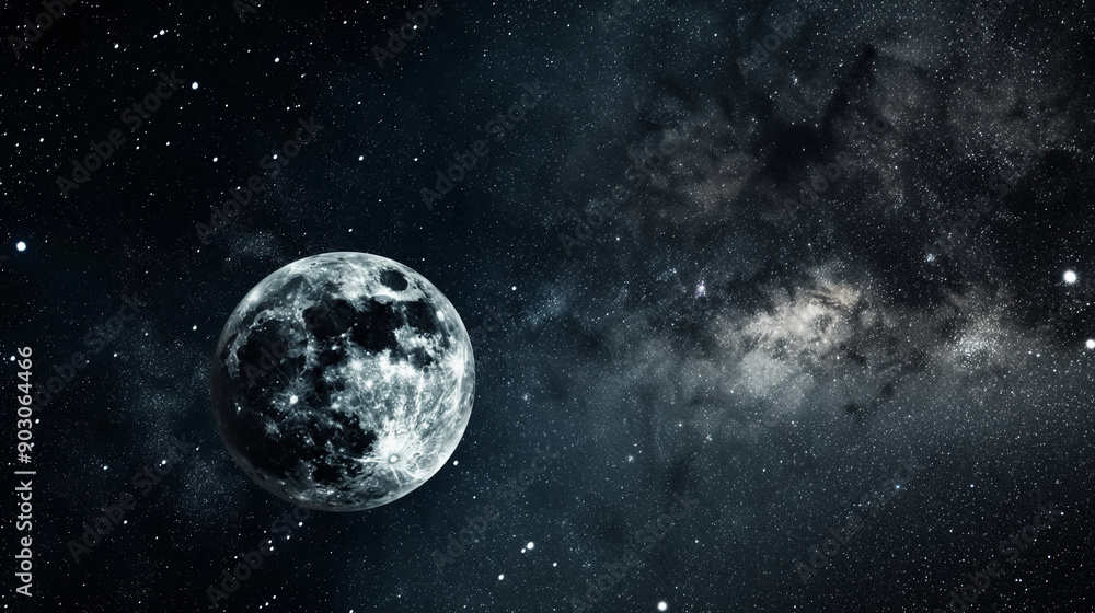Fototapeta premium A mesmerizing view of the moon set against a vast expanse of space filled with stars. The moon appears to be in its full phase, displaying its detailed craters and surface patterns