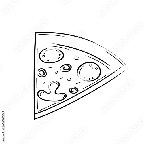 Slice of pizza hand drawn sketch. Black and white art line vector illustration isolated on white background.