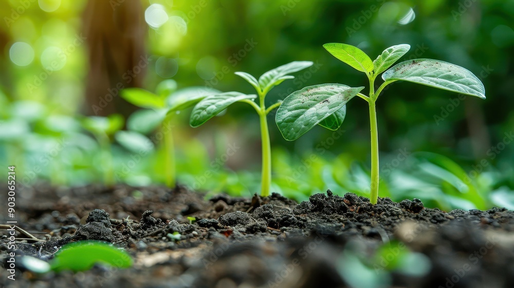 Fresh green seedlings emerging from the soil in a vibrant, natural environment, symbolizing growth and renewal in nature. Fresh green seedlings emerging from the soil in a vibrant, natural environment, symbolizing growth and renewal in nature.