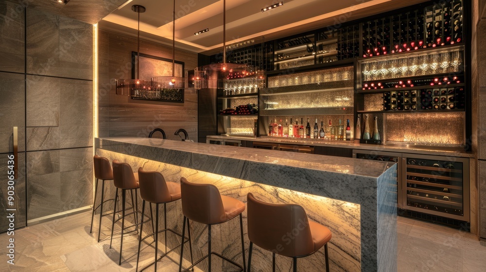 A contemporary home bar with a sleek marble countertop A contemporary home bar with a sleek marble countertop