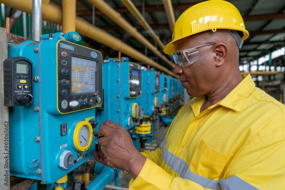 Experienced Industrial Technician Monitors Production Process on Control Panel at a Busy Factory. Experienced Industrial Technician Monitors Production Process on Control Panel at a Busy Factory.