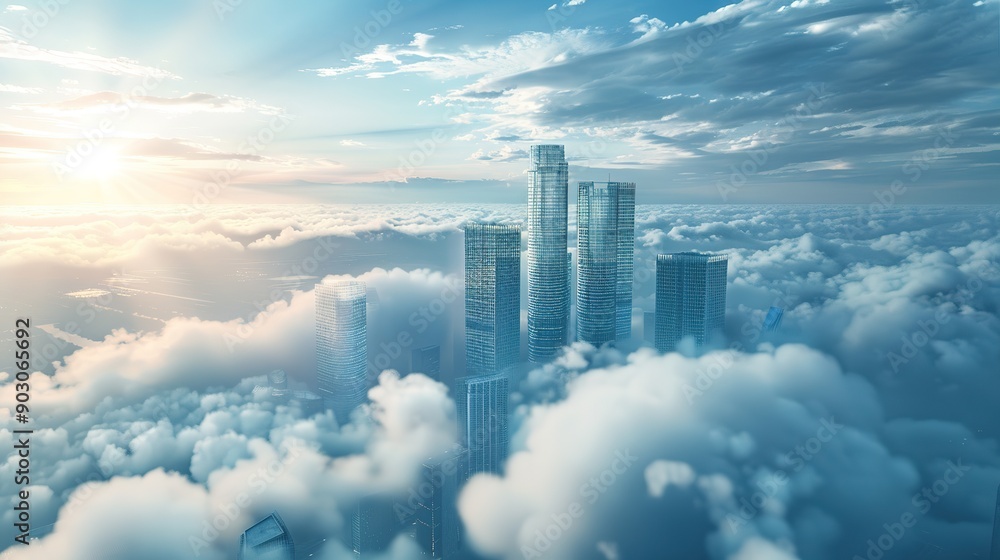 Fototapeta premium Skyscrapers over the clouds. 3d Illustration.