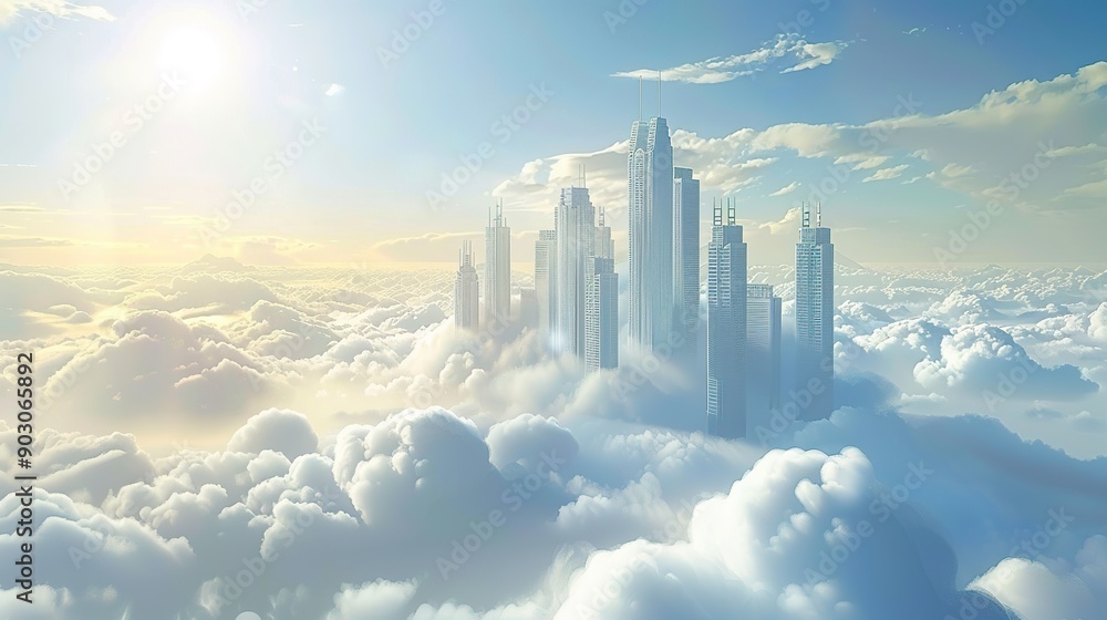 Fototapeta premium Skyscrapers over the clouds. 3d Illustration.