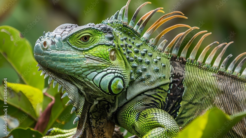 Obraz premium Closeup of a Green Iguana in a Lush Tropical Environment