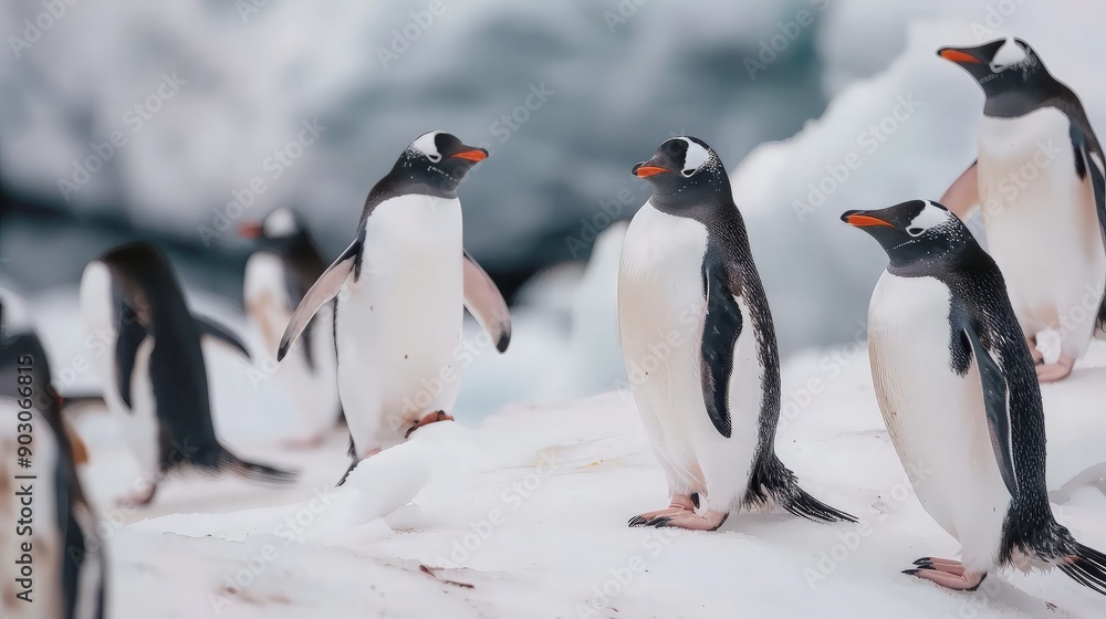 Fototapeta premium Group of Penguins Walking on Ice