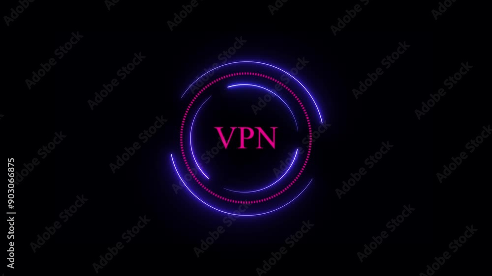 Neon circle with word VPN in center against animated . 4k animation on black background. Neon circle with word VPN in center against animated . 4k animation on black background.