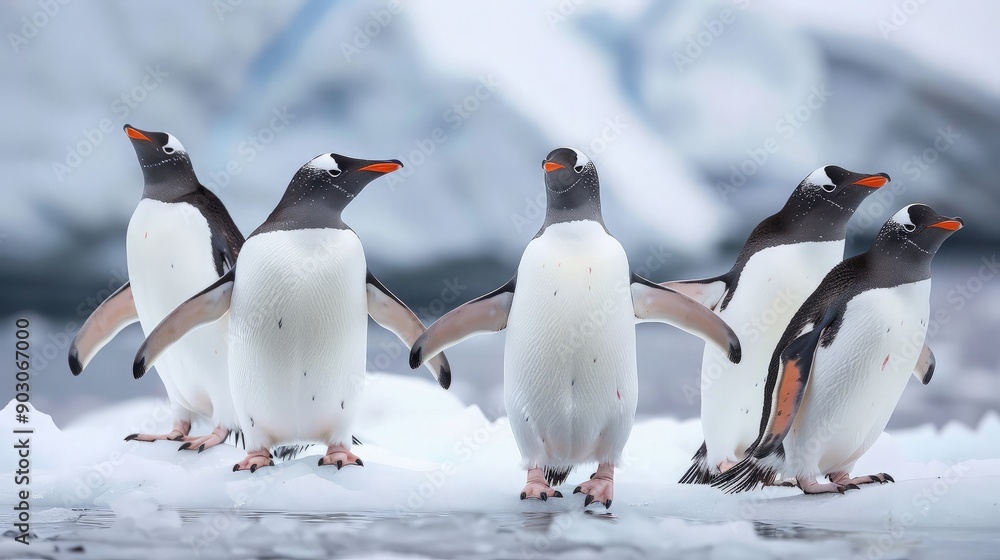 Obraz premium Five Penguins Walking on Ice in Antarctica