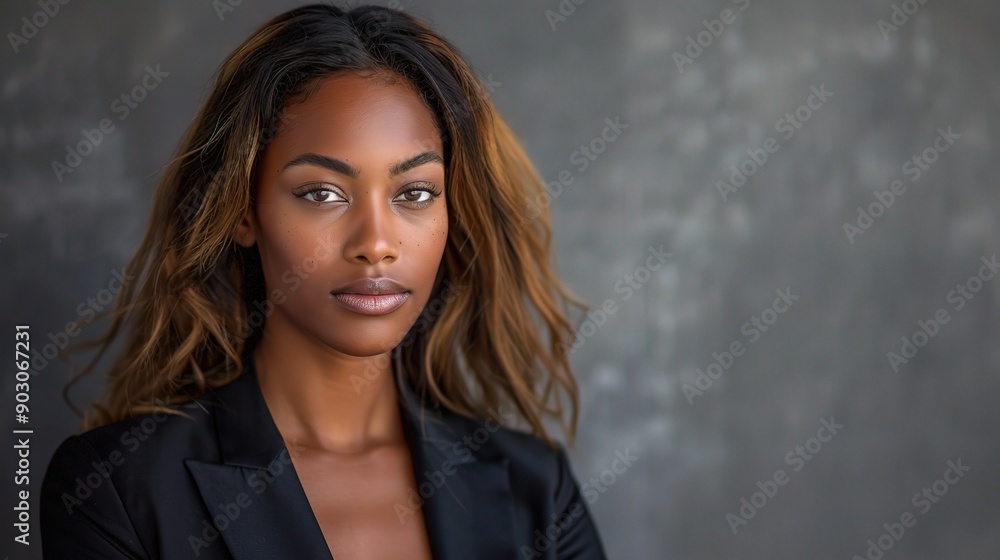Confident Gaze: A woman of color with long, flowing hair stares intently at the camera, exuding an air of confidence and determination in this professional portrait. Confident Gaze: A woman of color with long, flowing hair stares intently at the camera, exuding an air of confidence and determination in this professional portrait.