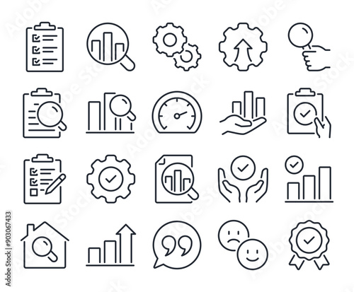 Evaluation and assess editable stroke outline icons set isolated on white background flat vector illustration. Pixel perfect. 64 x 64
