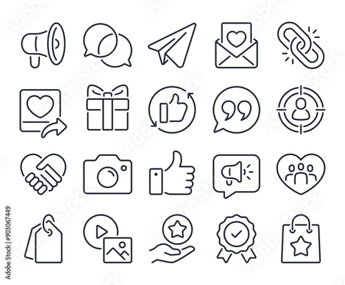 Brand ambassador, pr and public influence editable stroke outline icons set isolated on white background flat vector illustration. Pixel perfect. 64 x 64
