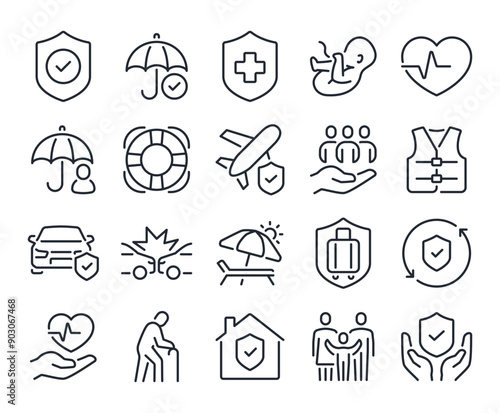 Insurance, policy, risk concept editable stroke outline icons set isolated on white background flat vector illustration. Pixel perfect. 64 x 64