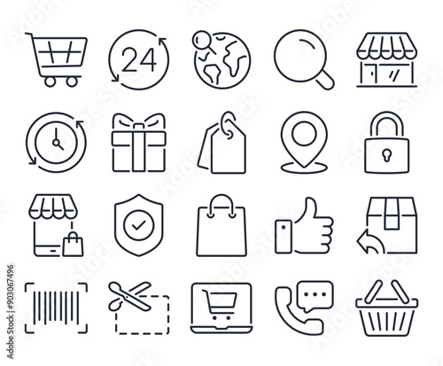 E-commerce and online shopping editable stroke outline icons set isolated on white background flat vector illustration. Pixel perfect. 64 x 64