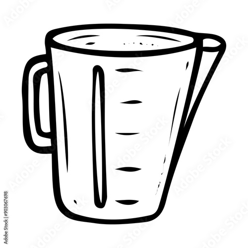 Measuring cup hand drawn doodle. Container for measuring bulk and liquid products and household chemicals. Kitchen or laundry facility. Vector outline line art illustration.