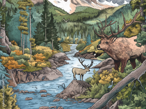 Panoramic view of a North American. Generative ai vector illustration.