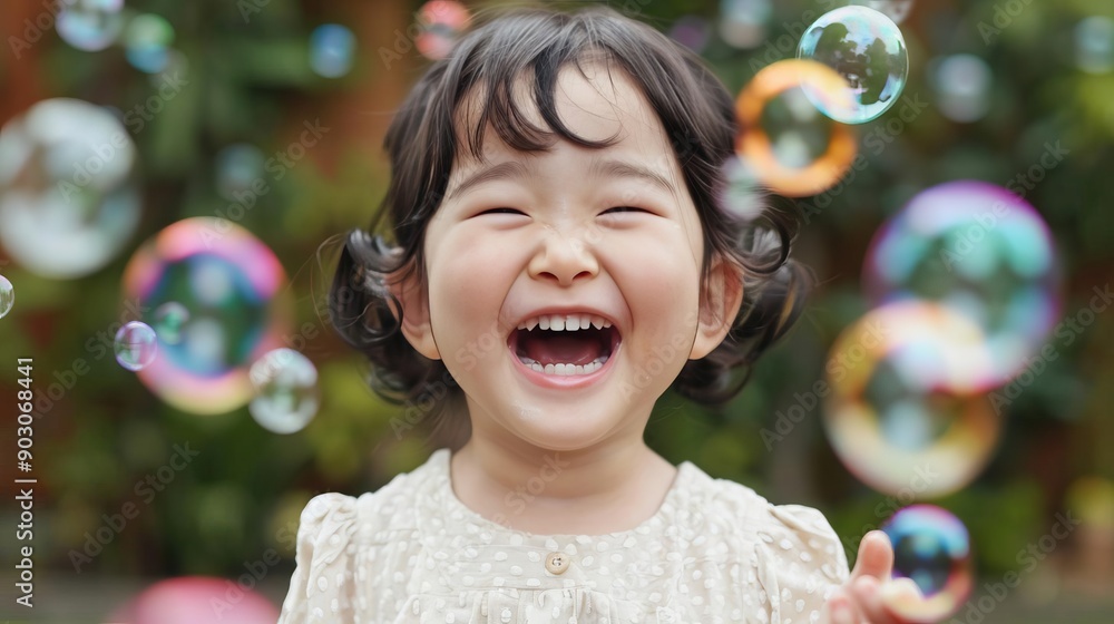 A child laughing while chasing bubbles in a park, capturing the joy of spontaneous play, Candid Moments, editorial photography, empty copy space on the right A child laughing while chasing bubbles in a park, capturing the joy of spontaneous play, Candid Moments, editorial photography, empty copy space on the right