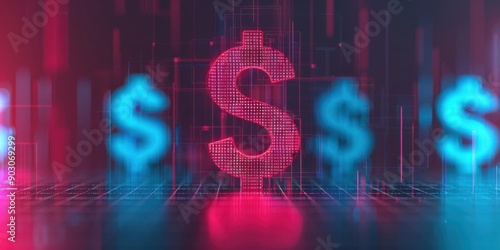 A digital dollar sign illuminated, symbolizing finance, investment, and modern technology with data analytics backdrop. photo