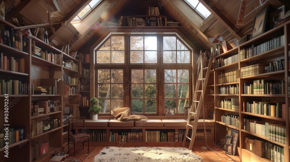A cozy attic library with built-in bookshelves A cozy attic library with built-in bookshelves