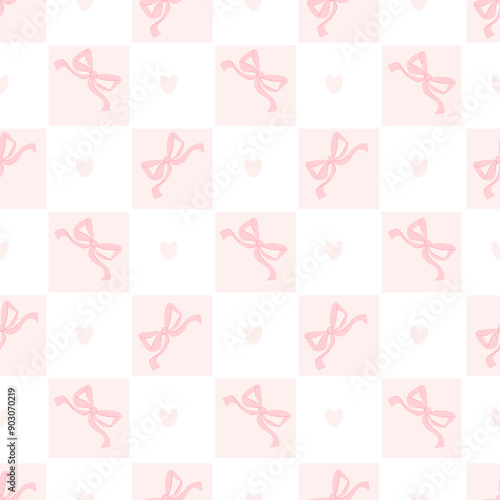Cute coquette seamless pattern pink ribbon bow and hearts on checkered background