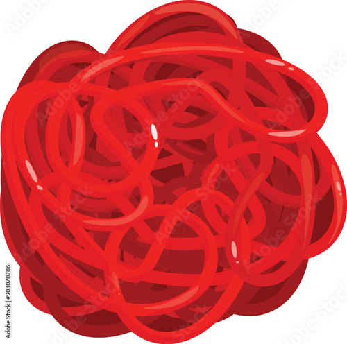 Tangled mess of red cables forming a chaotic sphere, symbolizing complexity and disarray