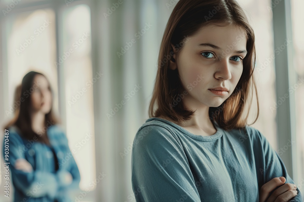 A pensive girl with short hair standing with arms crossed, another girl in the background. A pensive girl with short hair standing with arms crossed, another girl in the background.