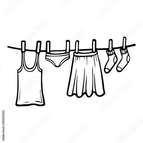 Clothes drying on a clothesline hand drawn doodle. Wash and dry. Laundry room. Cleaning the house. Vector outline line art illustration.