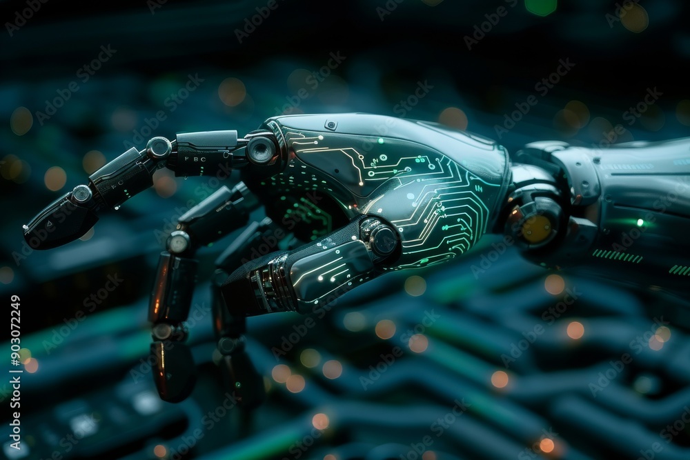 Black and blue robotic hand with neon circuits showcasing advanced technology and sleek design in a high tech setting. Black and blue robotic hand with neon circuits showcasing advanced technology and sleek design in a high tech setting.