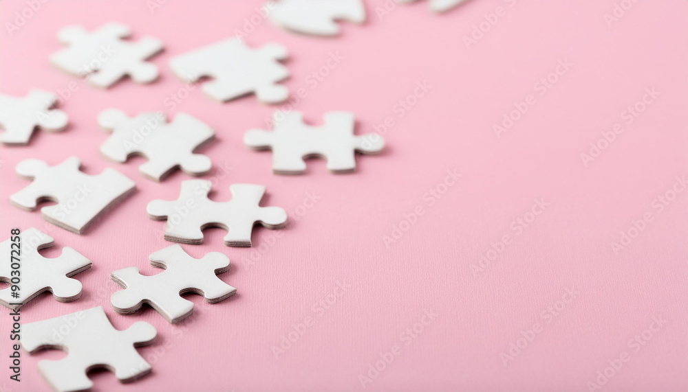 White puzzle pieces on pink background. Brain game. White puzzle pieces on pink background. Brain game.