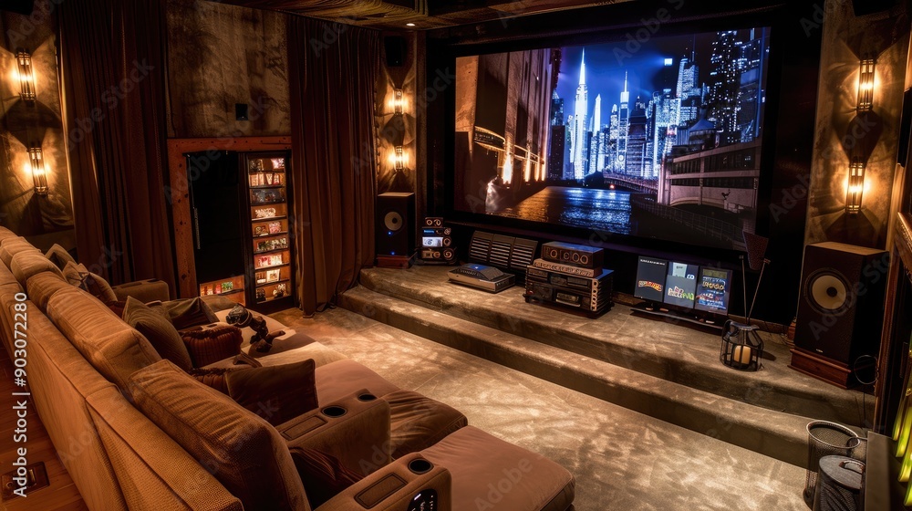A cozy home theater with tiered seating A cozy home theater with tiered seating