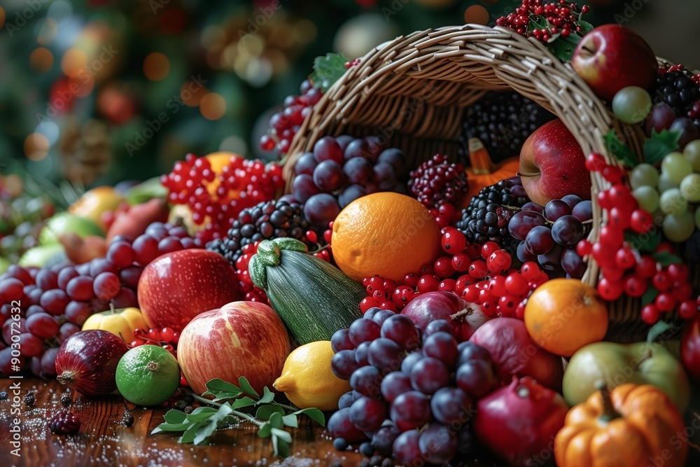 Bountiful Harvest Display of Fresh Fruits in a Rustic Basket Surrounded by Holiday Cheer Bountiful Harvest Display of Fresh Fruits in a Rustic Basket Surrounded by Holiday Cheer