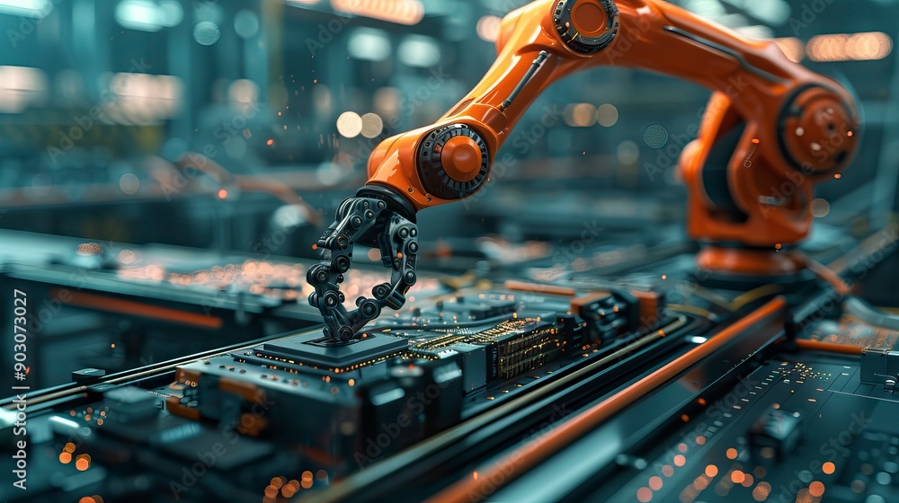 A robotic arm assembling electronic components in a modern manufacturing facility, showcasing automation technology and precision. A robotic arm assembling electronic components in a modern manufacturing facility, showcasing automation technology and precision.