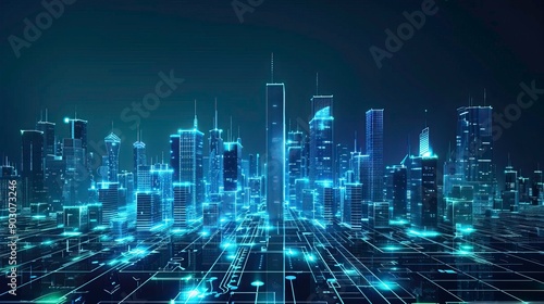 Futuristic cityscape illuminated with neon lights and digital connections, showcasing advanced technology and innovation.