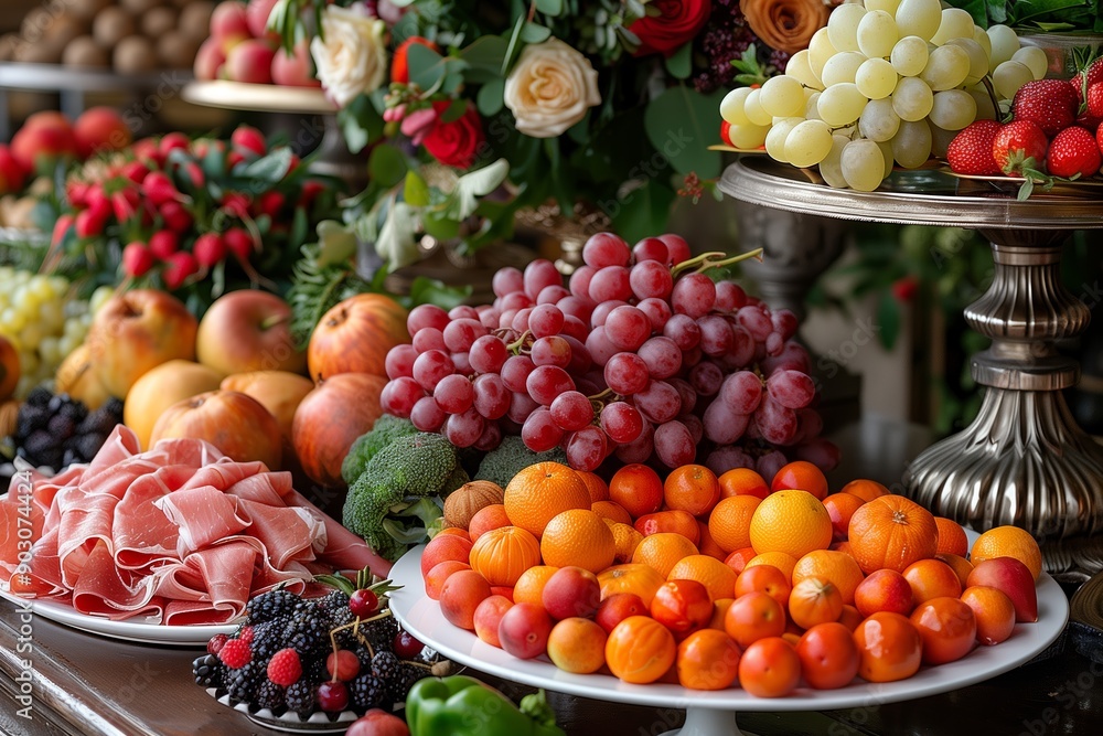 Vibrant Display of Fresh Fruits and Vegetables With Assorted Delicacies at a Garden Party Vibrant Display of Fresh Fruits and Vegetables With Assorted Delicacies at a Garden Party