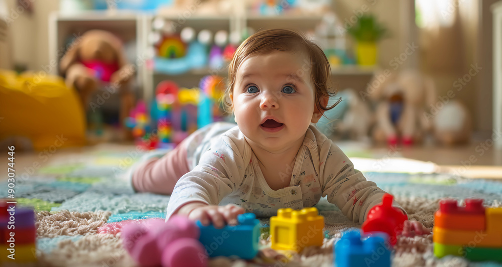 Stock image of a cute little baby playing with colorful building blocks in a bright and cheerful setting, concept of cute little smiling babies enjoying their childhood Stock image of a cute little baby playing with colorful building blocks in a bright and cheerful setting, concept of cute little smiling babies enjoying their childhood