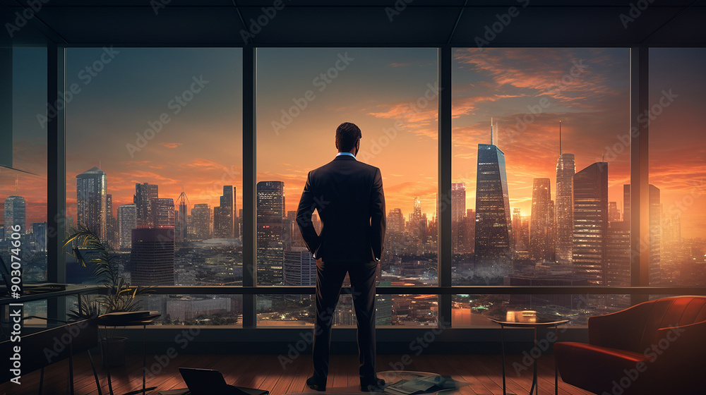 Business man in suit in office looking at modern Generative AI Business man in suit in office looking at modern Generative AI