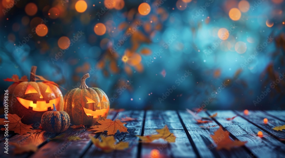 Two carved pumpkins glow warmly on a rustic wooden table, surrounded by vibrant autumn leaves. The background captures the essence of a magical fall evening with golden hues and a dreamy bokeh effect Two carved pumpkins glow warmly on a rustic wooden table, surrounded by vibrant autumn leaves. The background captures the essence of a magical fall evening with golden hues and a dreamy bokeh effect