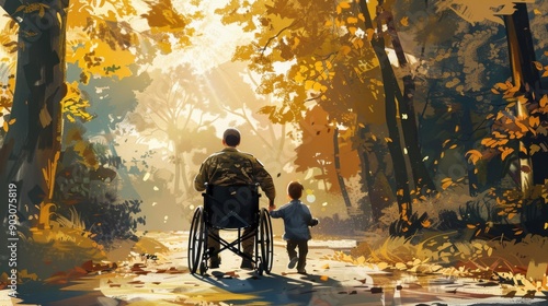 a veteran in a wheelchair with his son in a park photo