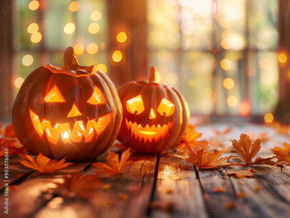 carved pumpkins glow warmly on a rustic wooden table, surrounded by vibrant autumn leaves. The background captures the essence of a magical fall evening with golden hues and a dreamy bokeh effect carved pumpkins glow warmly on a rustic wooden table, surrounded by vibrant autumn leaves. The background captures the essence of a magical fall evening with golden hues and a dreamy bokeh effect