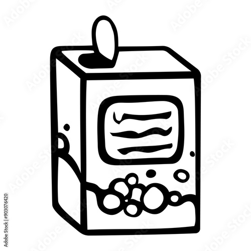 Open box of washing powder hand drawn doodle. Cleaning agent. Washing things. House cleaning. Laundry room. Vector outline line art illustration.