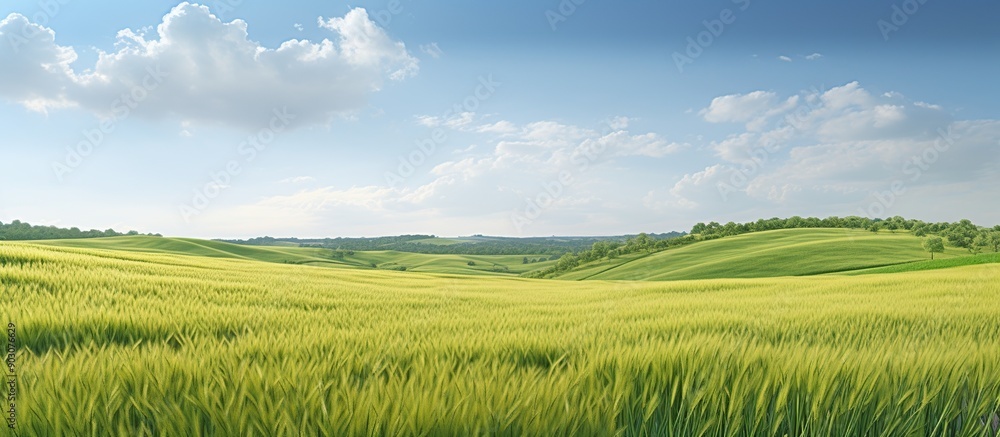 Fototapeta premium Green grass field and blue sky summer