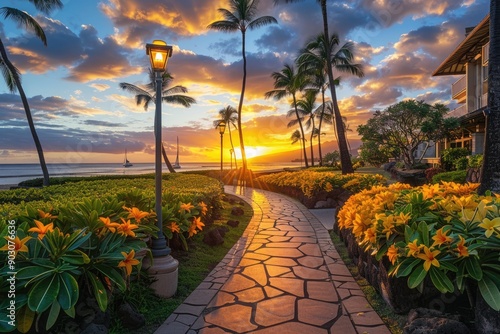 Hawaii Christmas Sunset: Beautiful Architecture Arch with Yellow Flowers photo