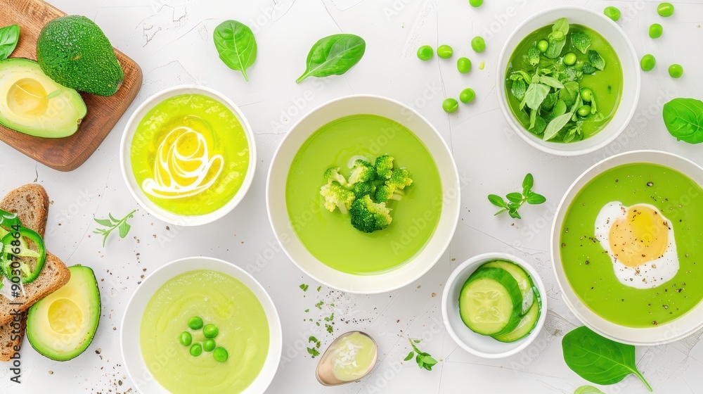 Bowls of green soup with fresh herbs and vegetables, isolated on white background. Healthy and fresh food concept. Bowls of green soup with fresh herbs and vegetables, isolated on white background. Healthy and fresh food concept.