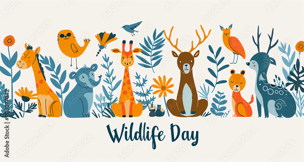 Fototapeta premium Cartoon image of different wildlife animals, concept of wildlife conservation, celebrating wildlife day with nature's creatures
