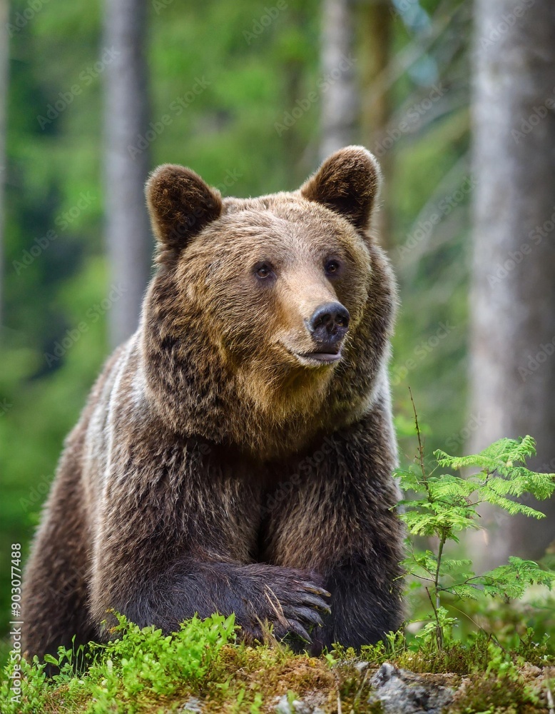 Wild Brown Bear (Ursus Arctos) in the summer forest. Animal in natural habitat. Wildlife scene Wild Brown Bear (Ursus Arctos) in the summer forest. Animal in natural habitat. Wildlife scene