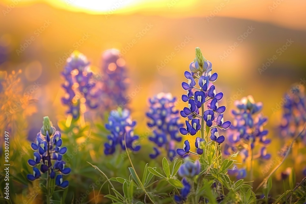 Obraz premium Texas Scenery: Bluebonnet Wildflowers Blooming at Sunrise in a Field