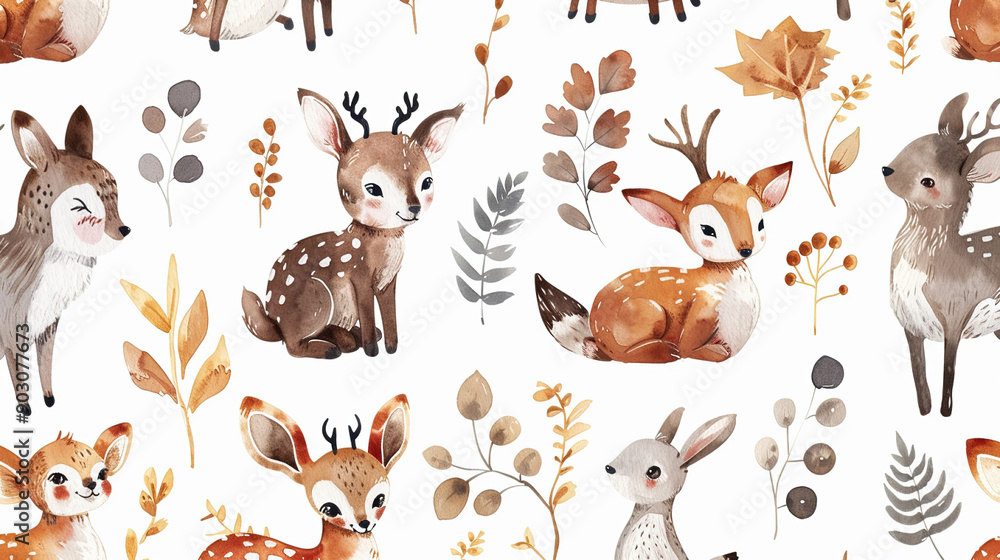 Seamless pattern with cartoon watercolor foxes, deer and leaves on a white background. Watercolor children's hand drawn illustration on white background for wallpaper, bed linen, notebooks Seamless pattern with cartoon watercolor foxes, deer and leaves on a white background. Watercolor children's hand drawn illustration on white background for wallpaper, bed linen, notebooks