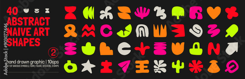 Collection of various hand drawn bizarre abstract geometric unusual shapes, forms in matisse art style, Childish freehand aesthetic, Vector naive doodle primitive object and graphic elements, set 2