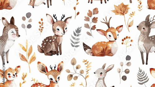Seamless pattern with cartoon watercolor foxes, deer and leaves on a white background. Watercolor children's hand drawn illustration on white background for wallpaper, bed linen, notebooks
