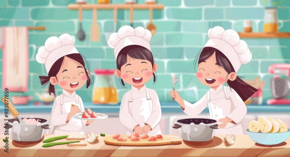 Asian Pastry Chef. Children's Cooking Class with Chef in Kitchen Workshop Asian Pastry Chef. Children's Cooking Class with Chef in Kitchen Workshop